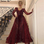Weinrotes Abendkleid aus Samt mit langen Ärmeln, luxuriöses Design, Perlenbesatz, formelles Kleid 2024, Serene Hill, Übergröße LA60903 