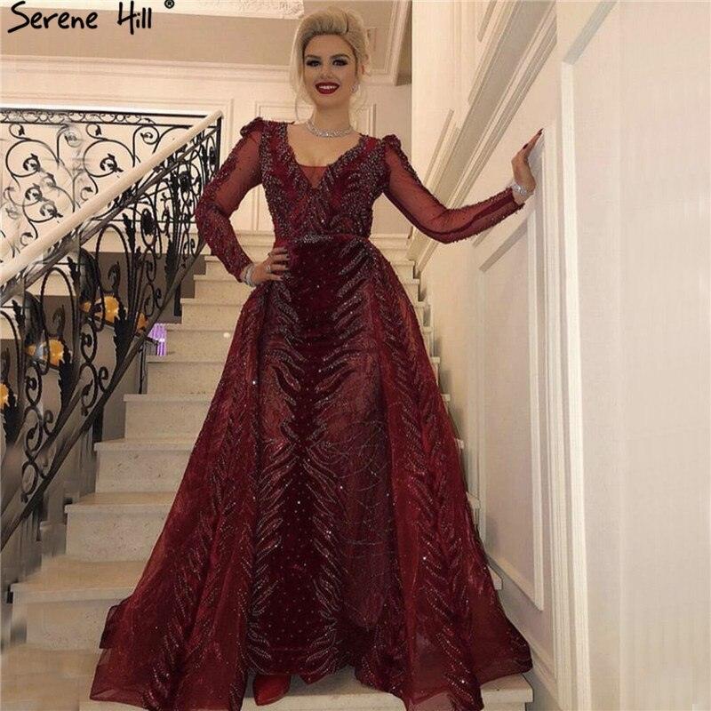 Weinrotes Abendkleid aus Samt mit langen Ärmeln, luxuriöses Design, Perlenbesatz, formelles Kleid 2024, Serene Hill, Übergröße LA60903 