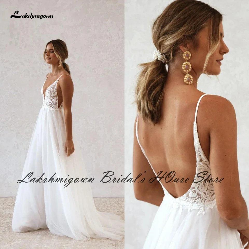 Vestido de novia bohemio NumberSea, vestido de novia de verano para playa 2022, sin espalda, sexy, de tul, con tirantes finos y encaje 