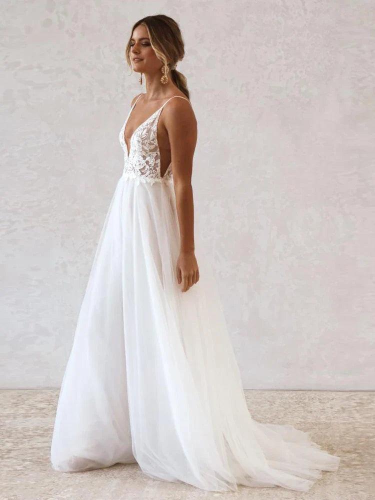 Vestido de novia bohemio NumberSea, vestido de novia de verano para playa 2022, sin espalda, sexy, de tul, con tirantes finos y encaje 