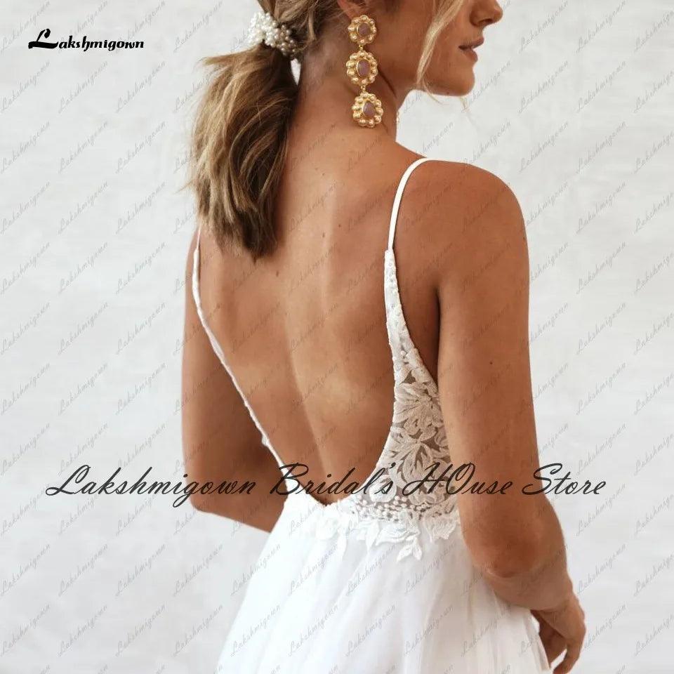 Vestido de novia bohemio NumberSea, vestido de novia de verano para playa 2022, sin espalda, sexy, de tul, con tirantes finos y encaje 