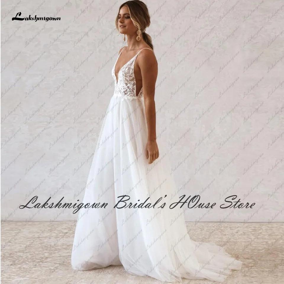 Vestido de novia bohemio NumberSea, vestido de novia de verano para playa 2022, sin espalda, sexy, de tul, con tirantes finos y encaje 