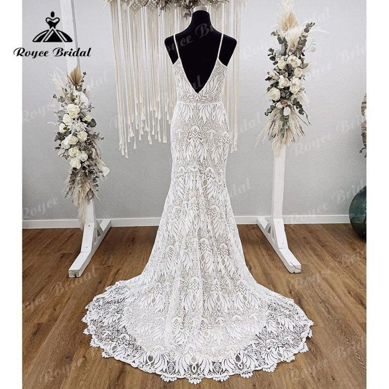 blue dress for baby girl Beach Boho Wedding Dress Mermaid/Trumpet Spaghetti Straps Lace Bridal Gown QW2363 US4 / Ivory main image 1