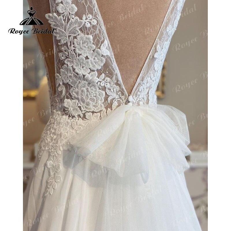 Vestido de novia bohemio de gasa para playa, escote en V profundo, corte A, sexy, largo, con lazo y espalda descubierta, 2025