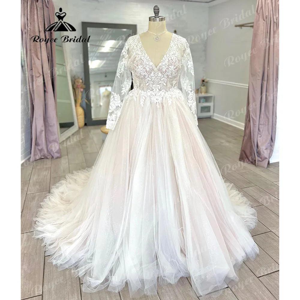 Vestido Novia Long Sleeve Lace Plus Size Backless V Neckline Wedding Dress for Bride Appliques Women Wedding Gown gelinlik