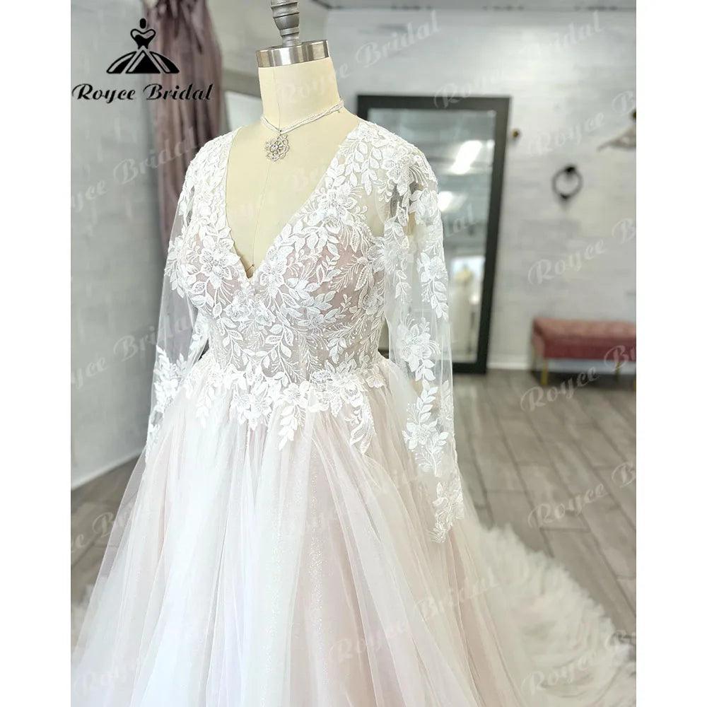 Vestido Novia Long Sleeve Lace Plus Size Backless V Neckline Wedding Dress for Bride Appliques Women Wedding Gown gelinlik