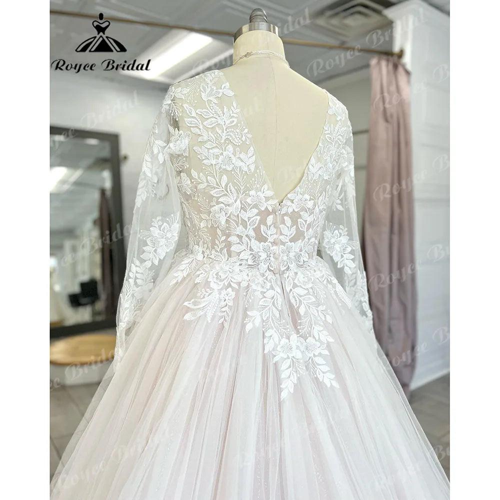 Vestido Novia Long Sleeve Lace Plus Size Backless V Neckline Wedding Dress for Bride Appliques Women Wedding Gown gelinlik