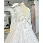 Vestido Novia Long Sleeve Lace Plus Size Backless V Neckline Wedding Dress for Bride Appliques Women Wedding Gown gelinlik