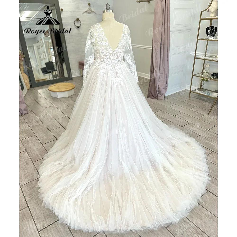 Vestido Novia Long Sleeve Lace Plus Size Backless V Neckline Wedding Dress for Bride Appliques Women Wedding Gown gelinlik