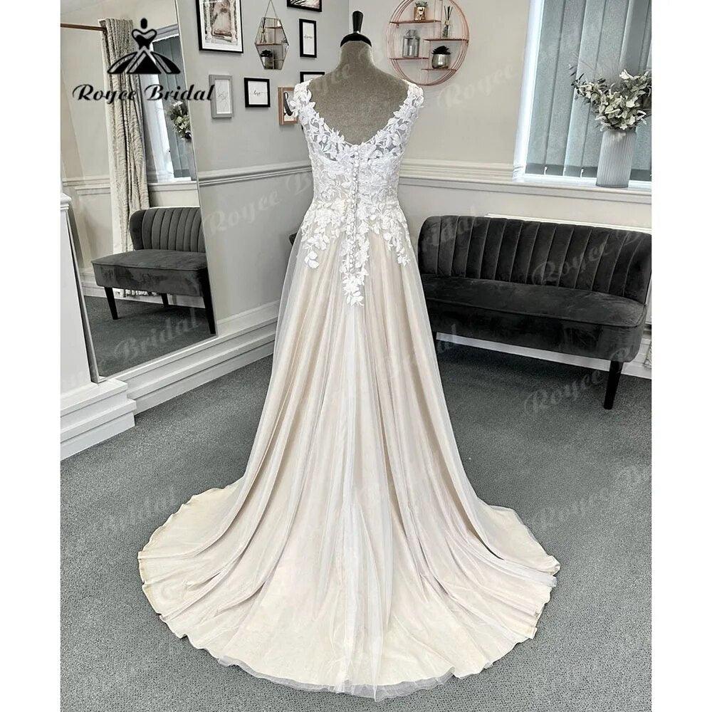 Vestido de Novia Civil de Encaje, Vestido de Novia de Champaña de Playa con Cuello en V para Mujer, Vestido de Novia de Verano NumberSea