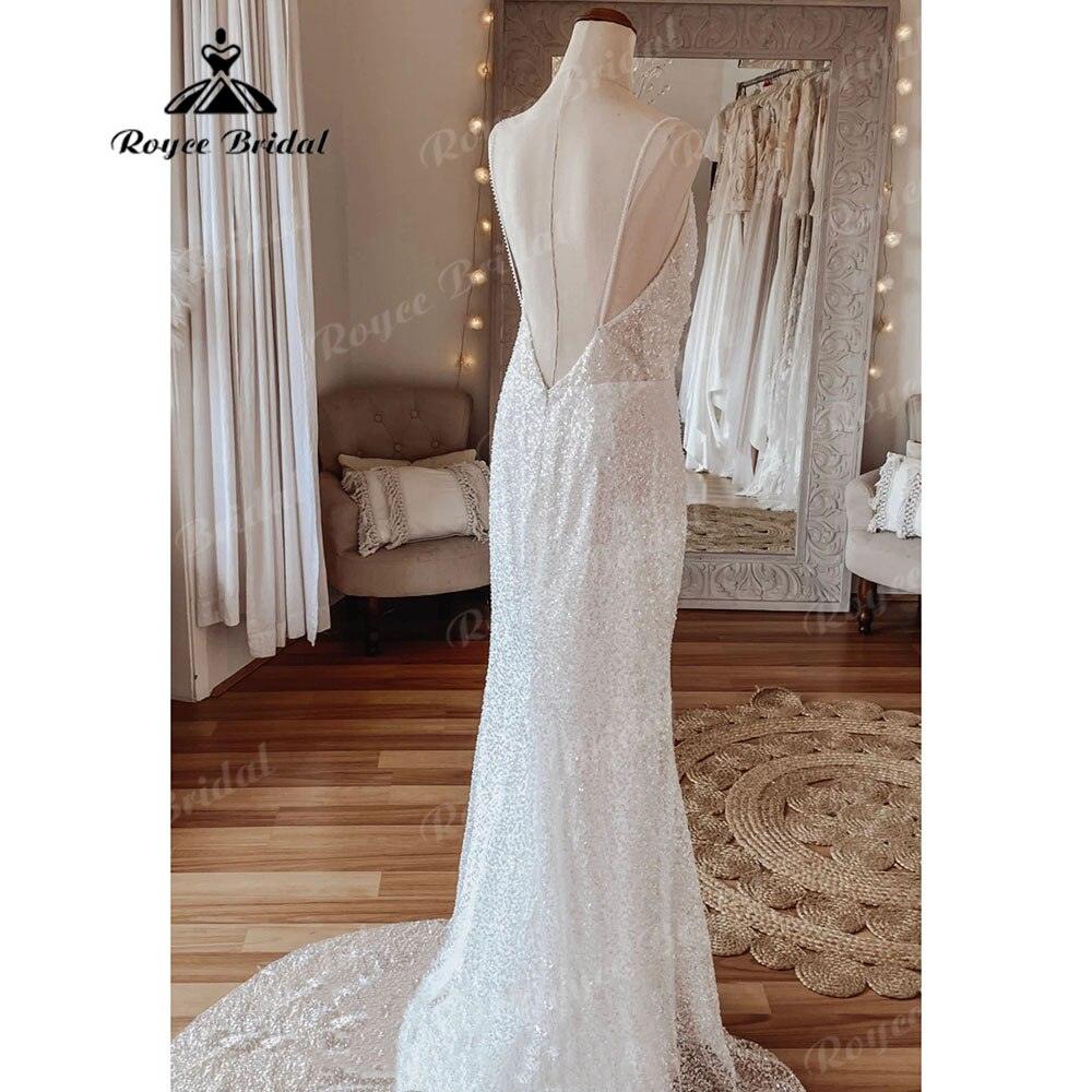 Vestido Novia Glitzerndes Pailletten-Boho-Meerjungfrauen-Hochzeitskleid mit Spaghettiträgern, Brautkleid für den Empfang, Hochzeitspartykleid, elegant