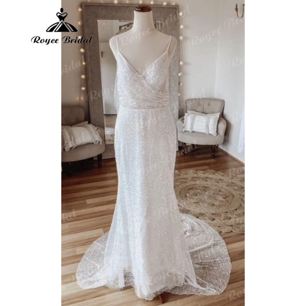 Vestido Novia Glitzerndes Pailletten-Boho-Meerjungfrauen-Hochzeitskleid mit Spaghettiträgern, Brautkleid für den Empfang, Hochzeitspartykleid, elegant