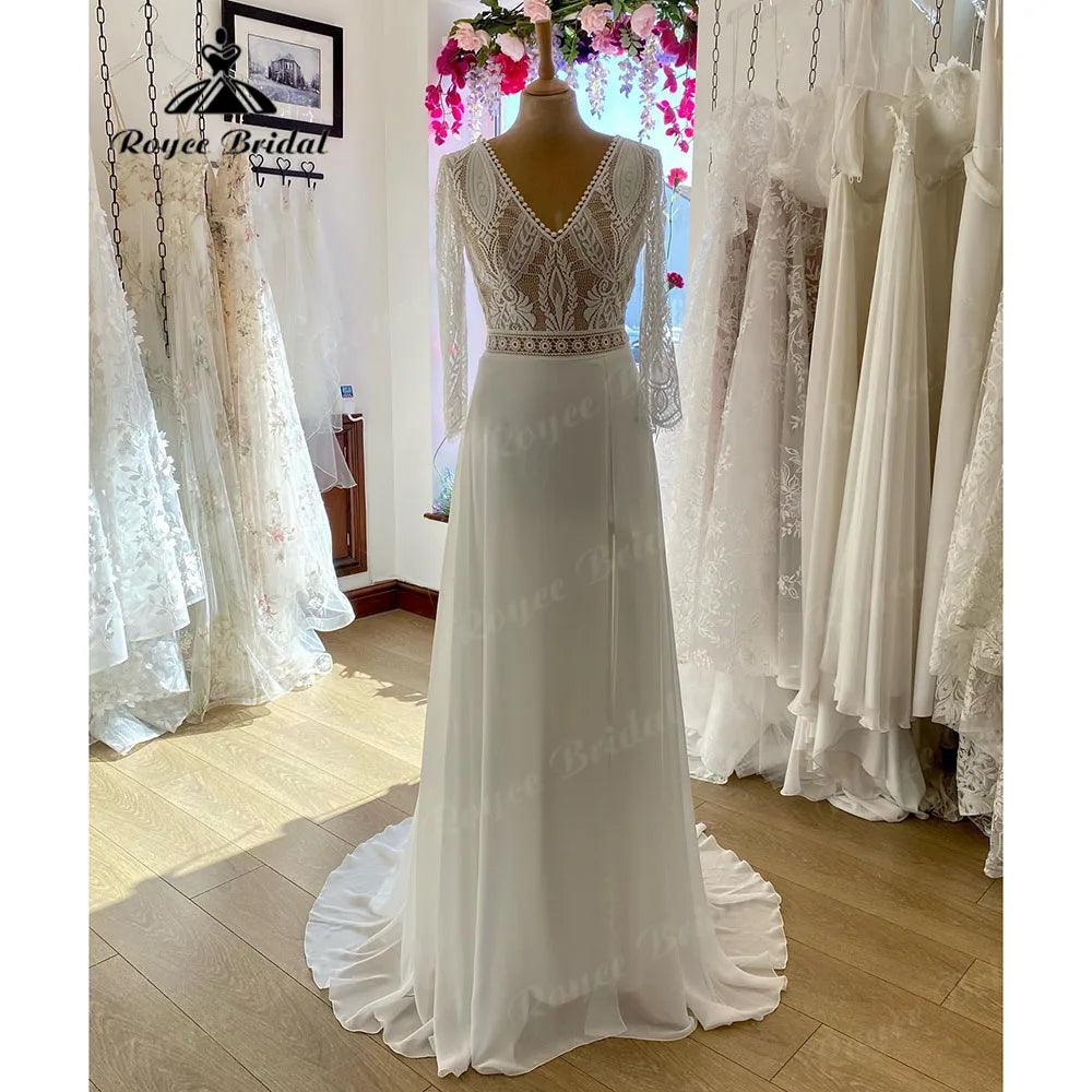 Brautkleid V-Ausschnitt Spitze Mieder Boho Bohemian Strand Schlitz Seiten Brautkleid für Braut Hochzeitskleid für Damen NumberSea