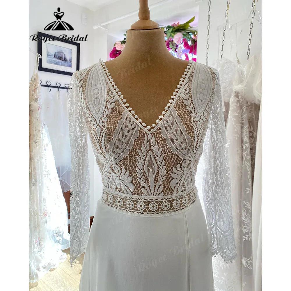 Brautkleid V-Ausschnitt Spitze Mieder Boho Bohemian Strand Schlitz Seiten Brautkleid für Braut Hochzeitskleid für Damen NumberSea