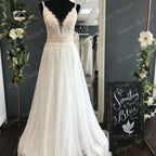 Vestido de novia bohemio para mujer, con escote en V, corpiño de encaje, gasa, espalda descubierta, para playa, con tirantes finos