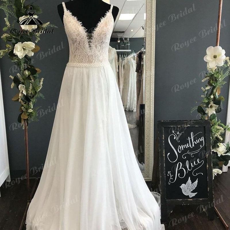 Vestido de novia bohemio para mujer, con escote en V, corpiño de encaje, gasa, espalda descubierta, para playa, con tirantes finos