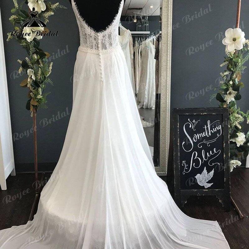 Vestido de novia bohemio para mujer, con escote en V, corpiño de encaje, gasa, espalda descubierta, para playa, con tirantes finos