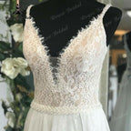 Vestido de novia bohemio para mujer, con escote en V, corpiño de encaje, gasa, espalda descubierta, para playa, con tirantes finos