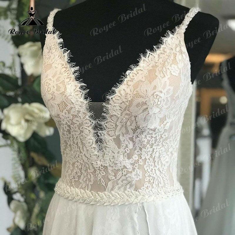 Vestido de novia bohemio para mujer, con escote en V, corpiño de encaje, gasa, espalda descubierta, para playa, con tirantes finos