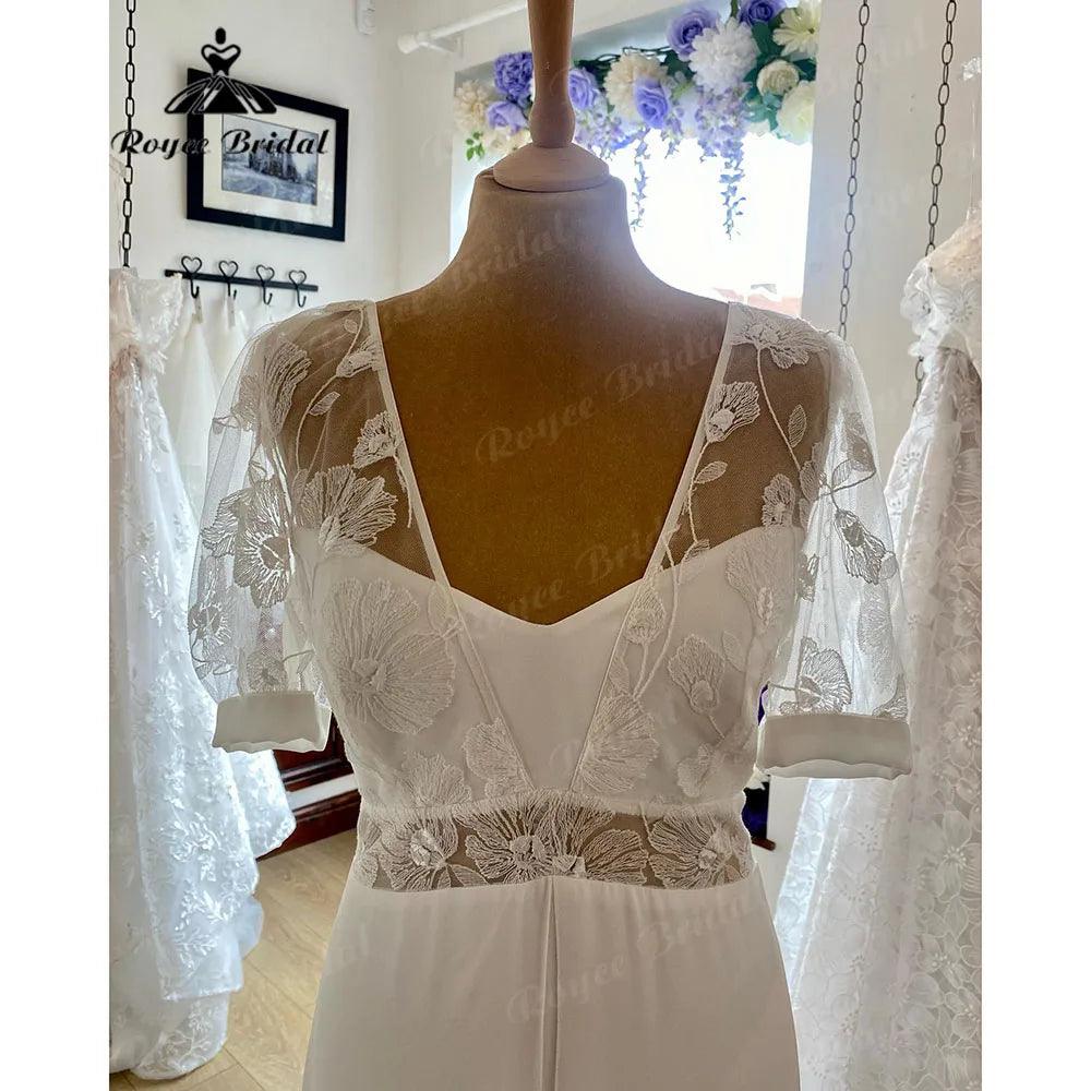 Vestidos Boheme Encaje Boho Playa Cuello V Gasa Vestido de Novia con Manga Corta Abullonada Vestido de Novia de Verano batas de boda Sexy