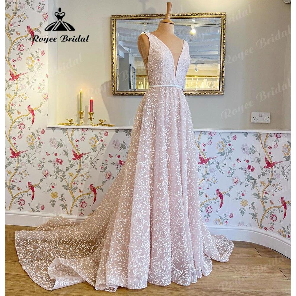 Vestidos de novia bohemios de encaje floral rosa brillante, sin mangas, corte en A, para recepción de boda, cena y fiesta, 2025