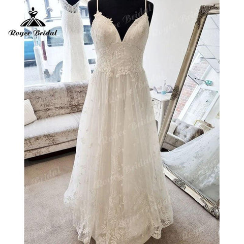 NumberSea Vestidos Spaghetti Straps A Line Boho Wedding Dress with V Neck Lace Appliques Beach 2025 Vintage Civil Wedding Gowns Open Back