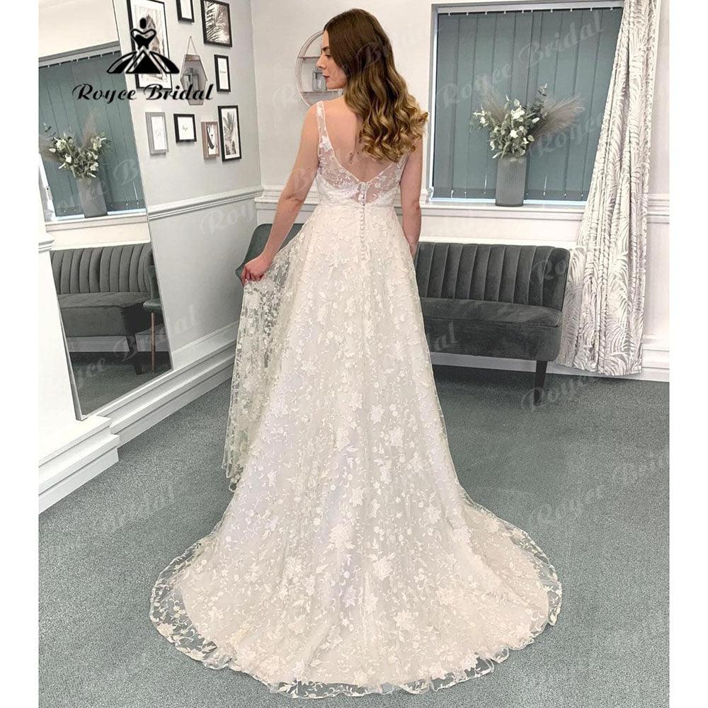 Vestido de novia vintage de encaje completo con cuello en V y espalda abierta para mujer, sin mangas, corte A, hecho a medida, sexy, robe de mariée
