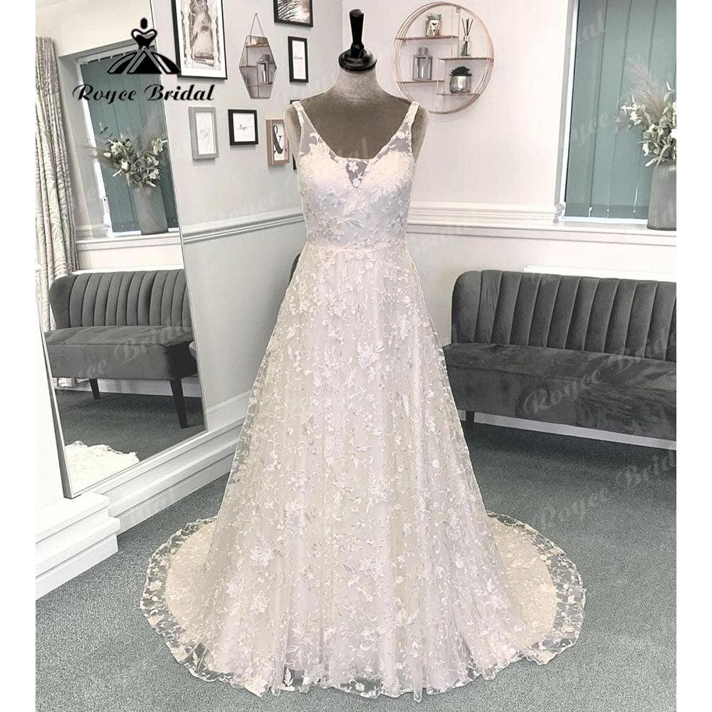 Vestido de novia vintage de encaje completo con cuello en V y espalda abierta para mujer, sin mangas, corte A, hecho a medida, sexy, robe de mariée
