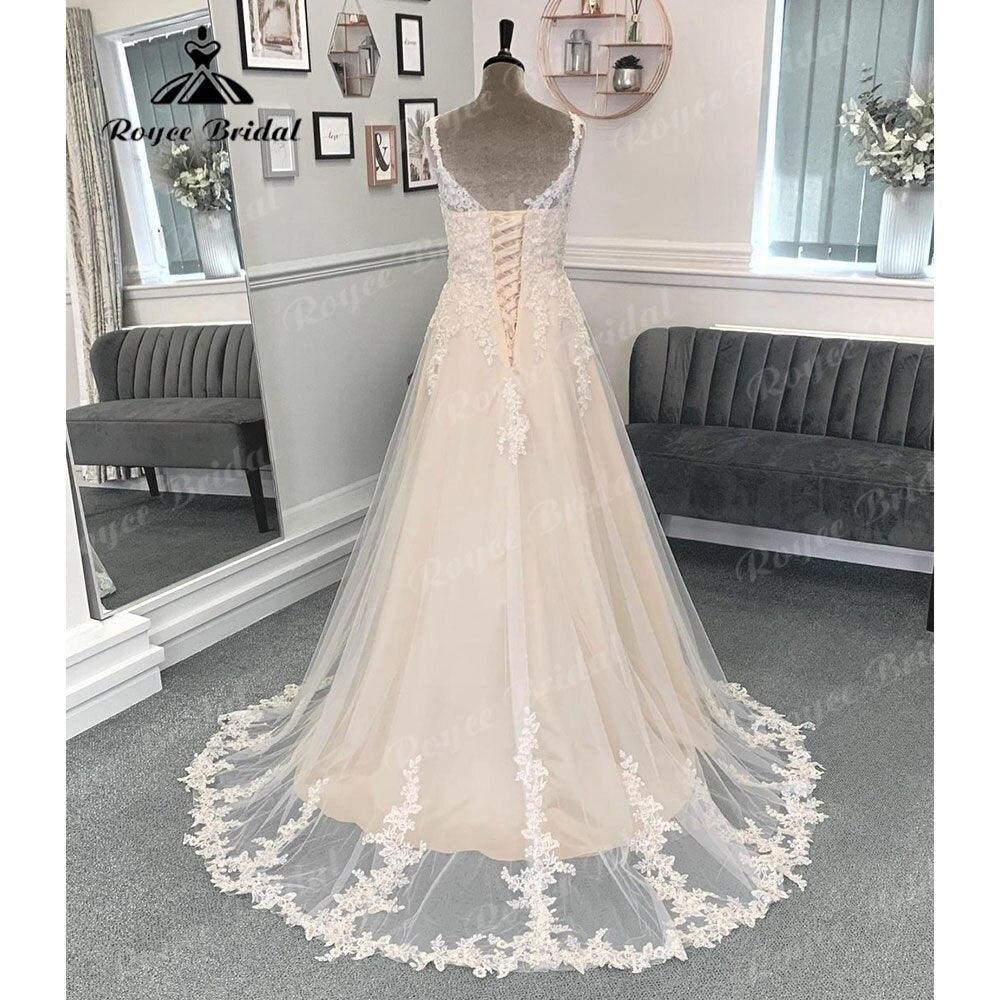 Vestido de novia vintage con apliques de encaje, corte en A, escote en V, espalda descubierta, con cordones, cola larga, 2024 