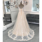 Vestido de novia vintage con apliques de encaje, corte en A, escote en V, espalda descubierta, con cordones, cola larga, 2024 