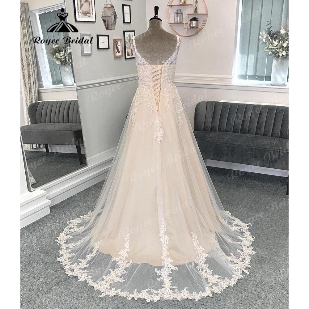 Vestido de novia vintage con apliques de encaje, corte en A, escote en V, espalda descubierta, con cordones, cola larga, 2024 