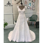 Vestido de novia vintage de satén suave con escote en V y apliques de encaje, manga corta, 2024, sin espalda, NumberSea 