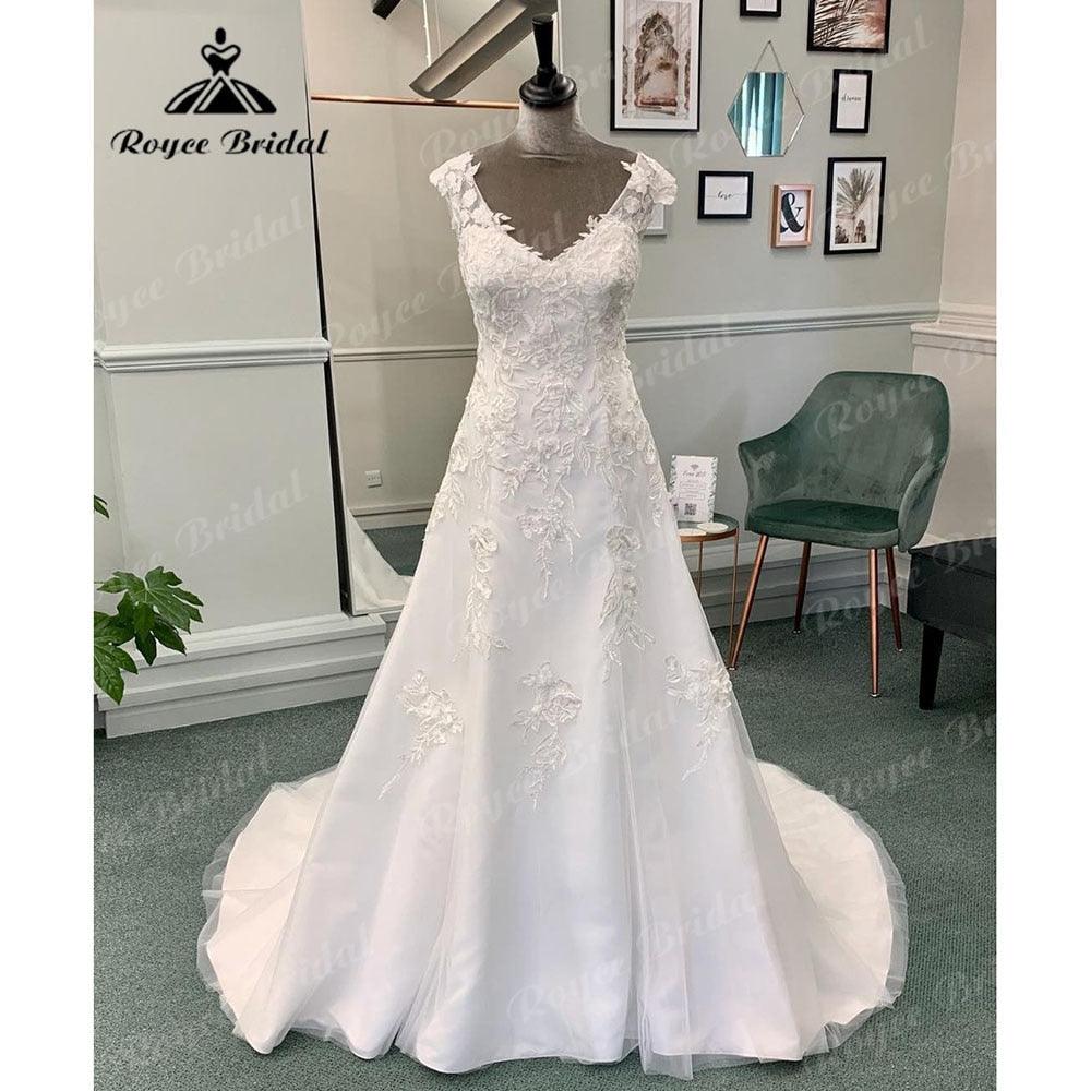 Vestido de novia vintage de satén suave con escote en V y apliques de encaje, manga corta, 2024, sin espalda, NumberSea 