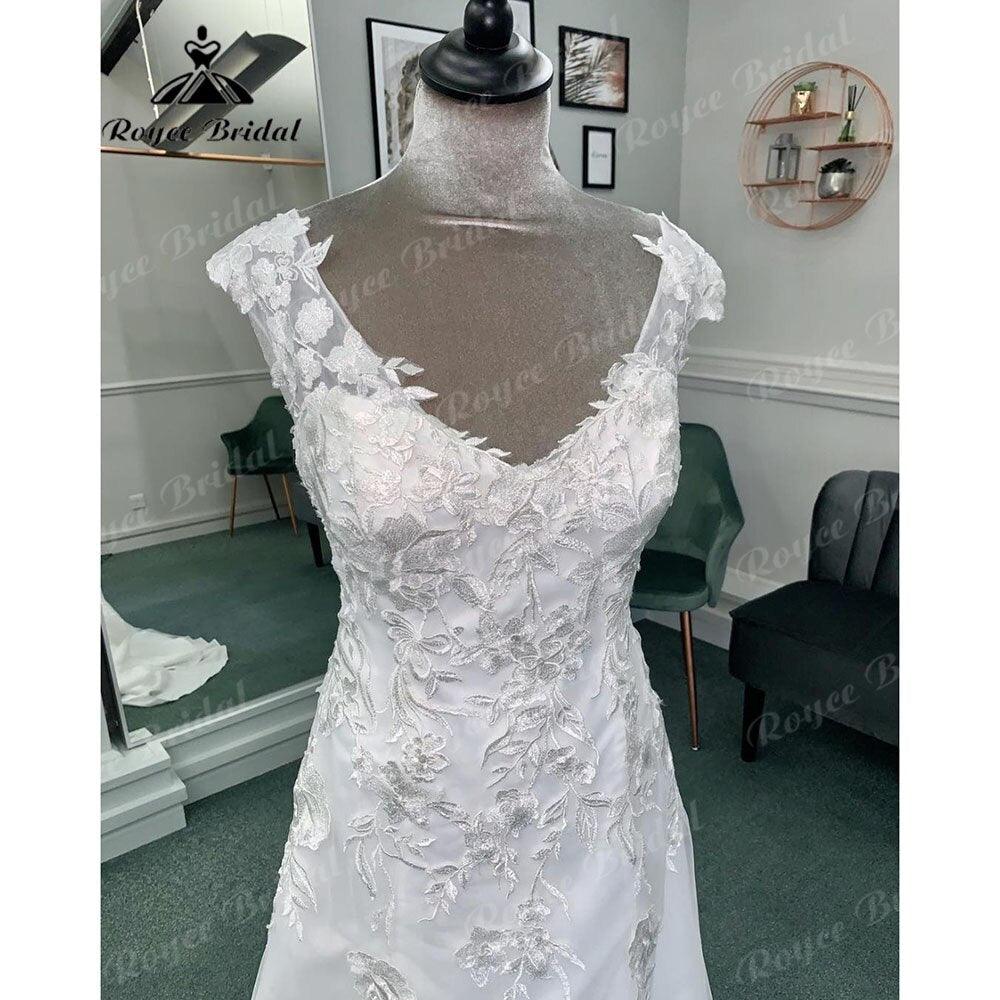 Vestido de novia vintage de satén suave con escote en V y apliques de encaje, manga corta, 2024, sin espalda, NumberSea 