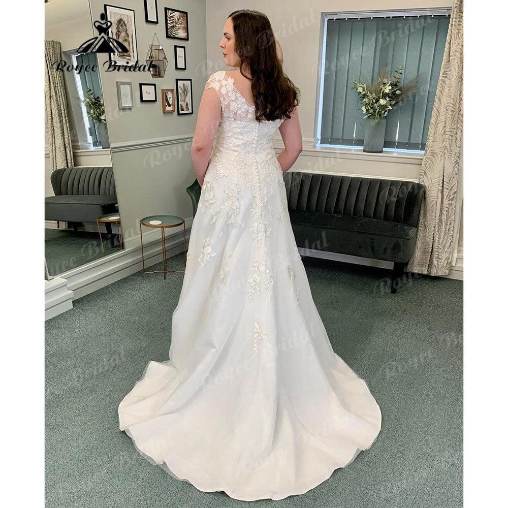 Vestido de novia vintage de satén suave con escote en V y apliques de encaje, manga corta, 2024, sin espalda, NumberSea 
