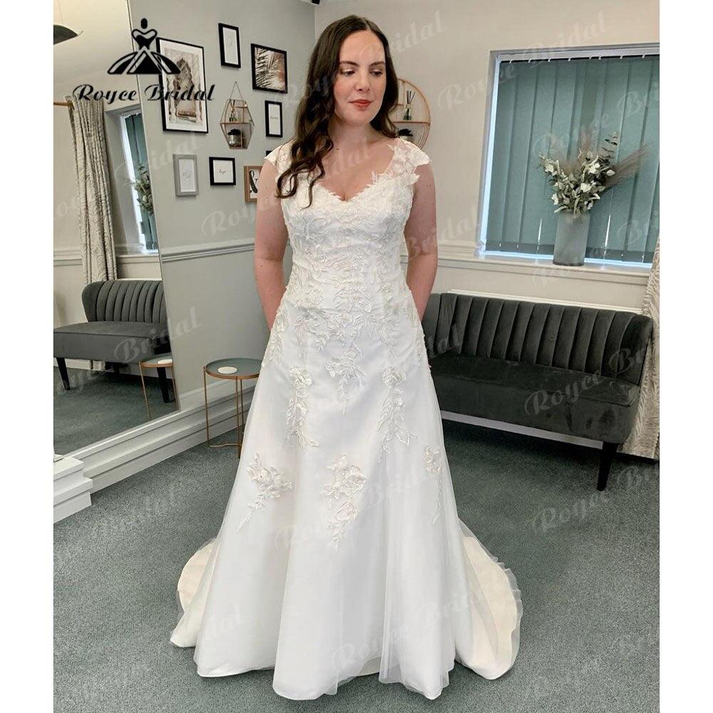 Vestido de novia vintage de satén suave con escote en V y apliques de encaje, manga corta, 2024, sin espalda, NumberSea 