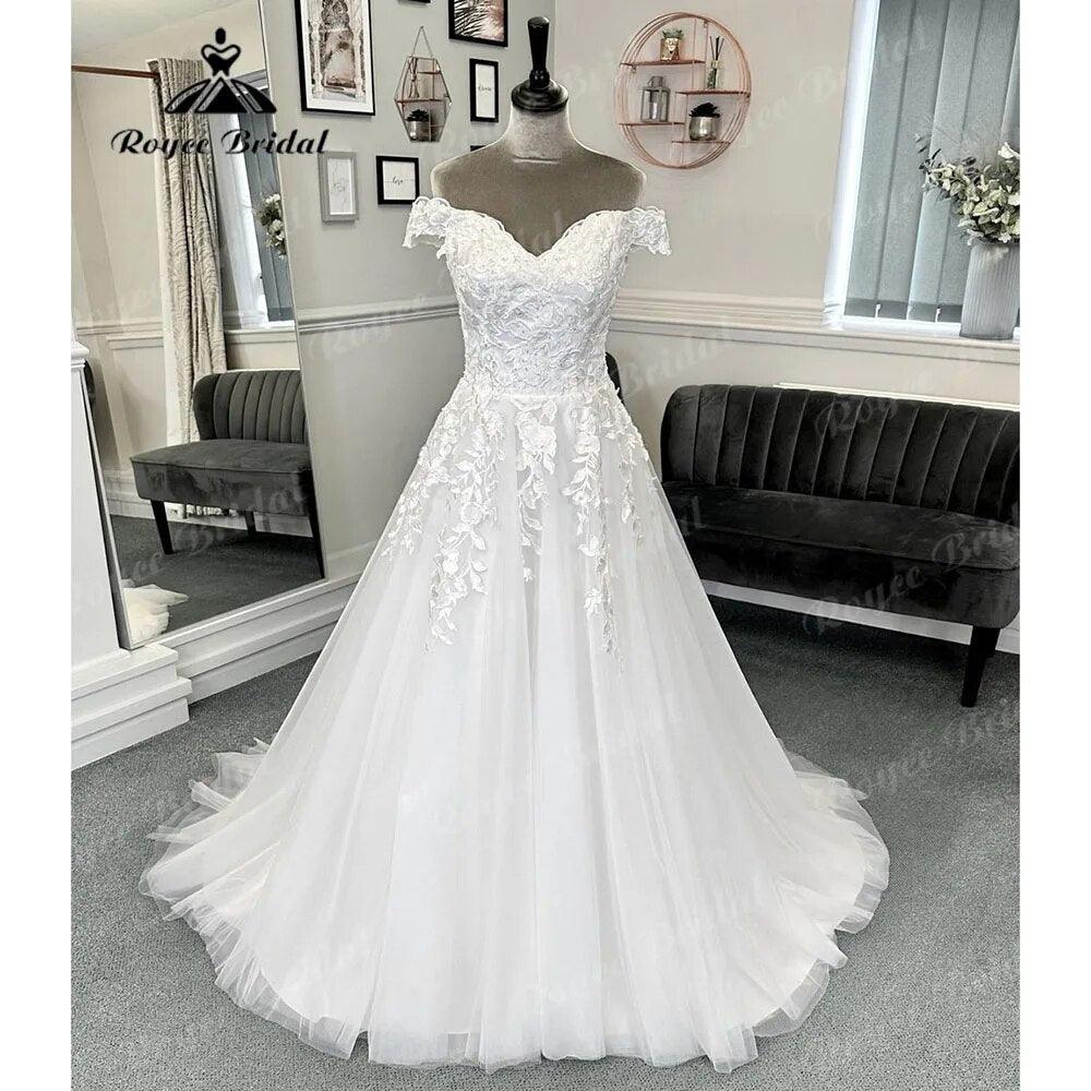 Vestido de Novia Vintage con Hombros Descubiertos, Encaje, Corte A para Mujer, Cuello en V, Manga Corta, Gorra, Cola de Barrido, Vestido de Novia Sexy