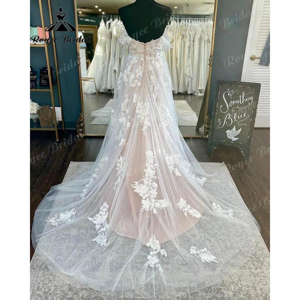 Vestido de novia vintage sin hombros, de encaje floral, color rosa empolvado, sin espalda, hecho a medida para mujer, hochzeitskleid