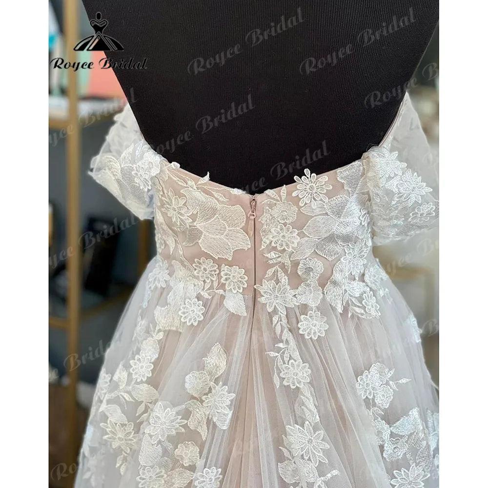 Vestido de novia vintage sin hombros, de encaje floral, color rosa empolvado, sin espalda, hecho a medida para mujer, hochzeitskleid