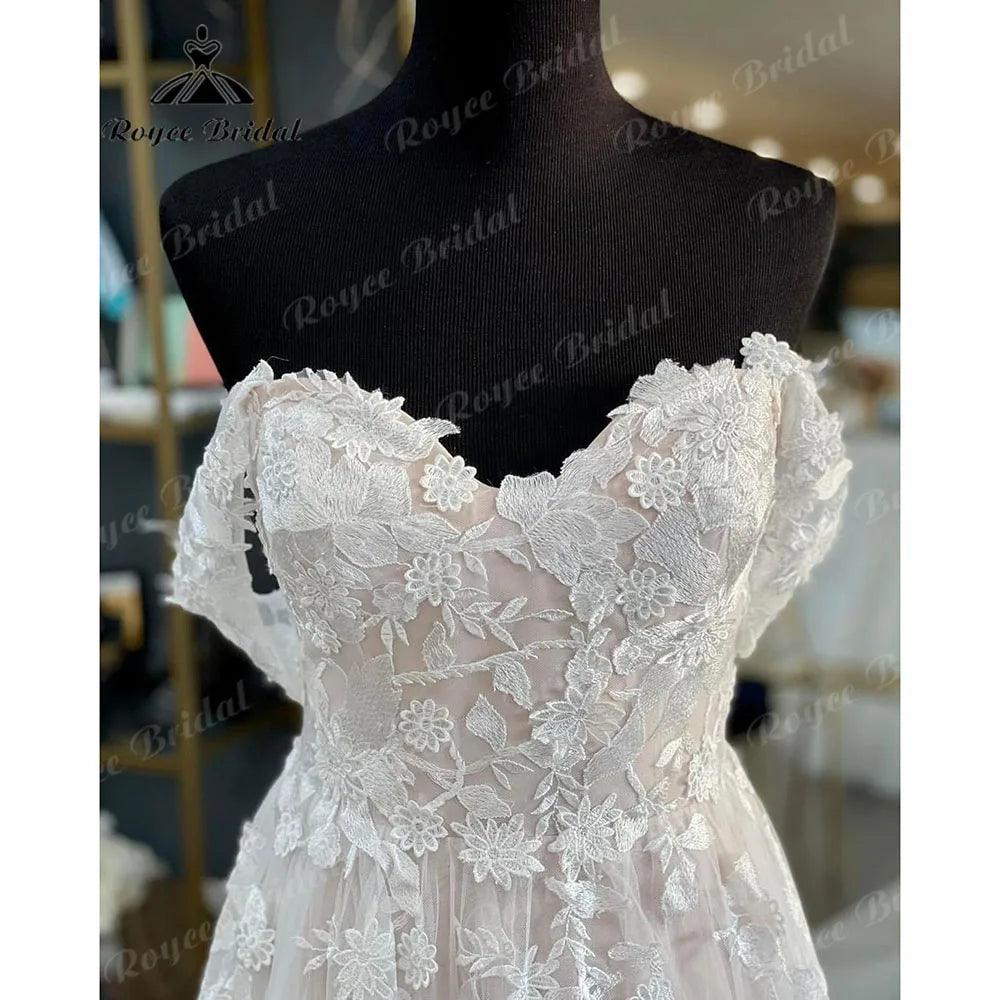Vestido de novia vintage sin hombros, de encaje floral, color rosa empolvado, sin espalda, hecho a medida para mujer, hochzeitskleid