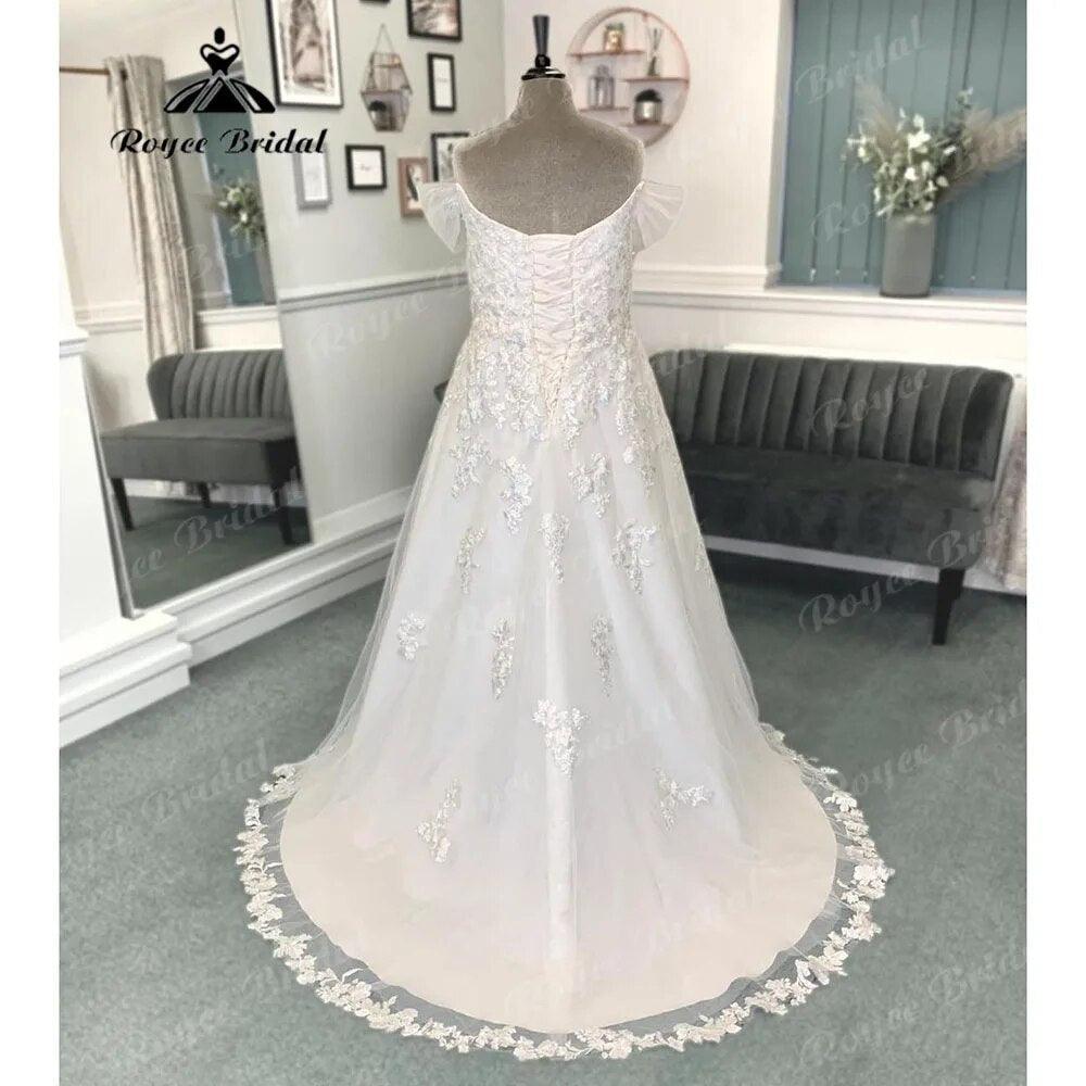 Vestido de novia vintage con hombros descubiertos, manga casquillo, apliques de encaje, vestido de novia para mujer, cola de barrido, suknia slubna Roycebrida