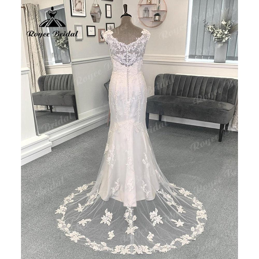 Vestido de novia vintage para mujer, de corte bajo, manga casquillo, con cola y sirena, color blanco, NumberSea
