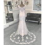 Vestido de novia vintage para mujer, de corte bajo, manga casquillo, con cola y sirena, color blanco, NumberSea