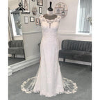 Vestido de novia vintage para mujer, de corte bajo, manga casquillo, con cola y sirena, color blanco, NumberSea