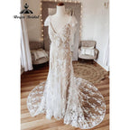 Vintage Behemian Boho Full Lace Backless Beach Wedding Dress with V Neck  Bridal Gowns vestido de noiva simples NumberSea