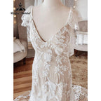 Vintage Behemian Boho Full Lace Backless Beach Wedding Dress with V Neck  Bridal Gowns vestido de noiva simples NumberSea