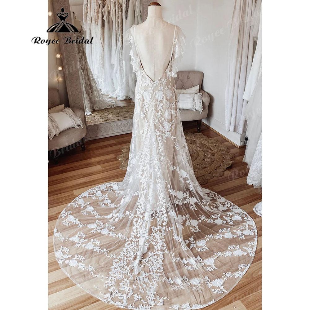 Vestido de novia vintage bohemio de encaje con espalda descubierta y escote en V para playa, 2025, vestido de novia sencillo NumberSea