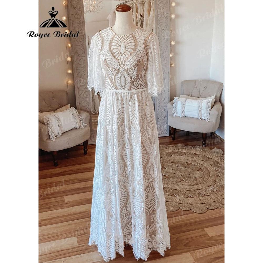 Vintage Bohemian Lace Boho Beach Open Back Damen Hochzeitskleid mit Ärmeln 2025 Robe Mariee Brautkleid Maßgeschneiderte bodenlange 