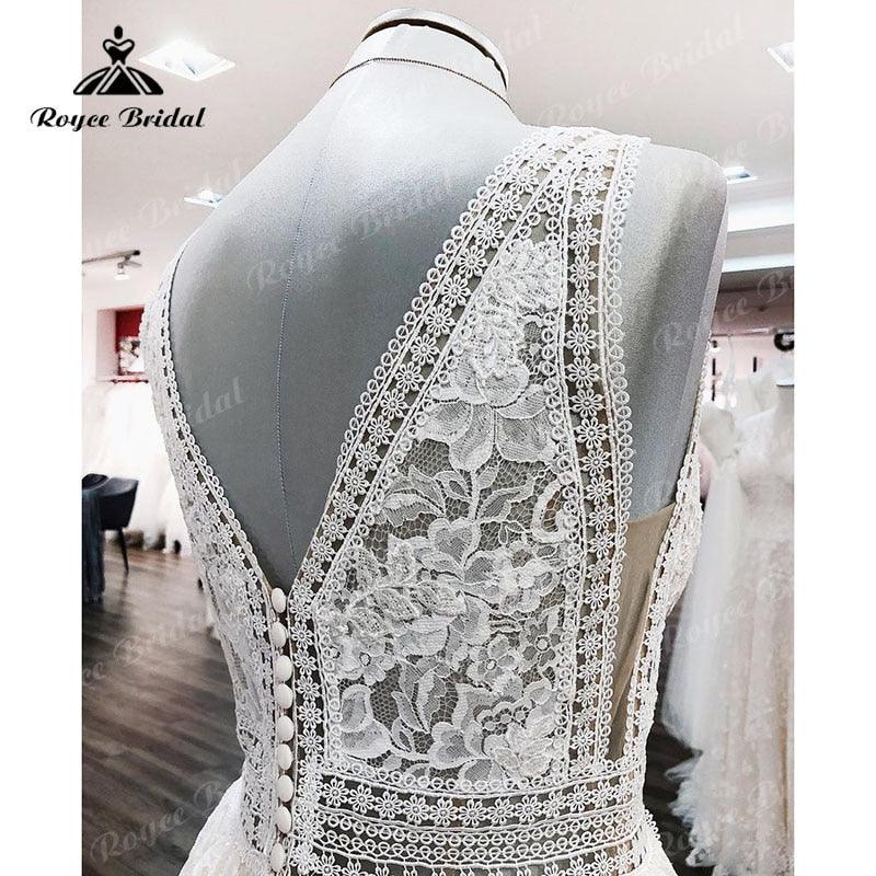 Vestido de novia vintage bohemio color champán con apliques de encaje, escote en V, sin mangas, cola larga, para playa, 2022, elegante, estilo civil.