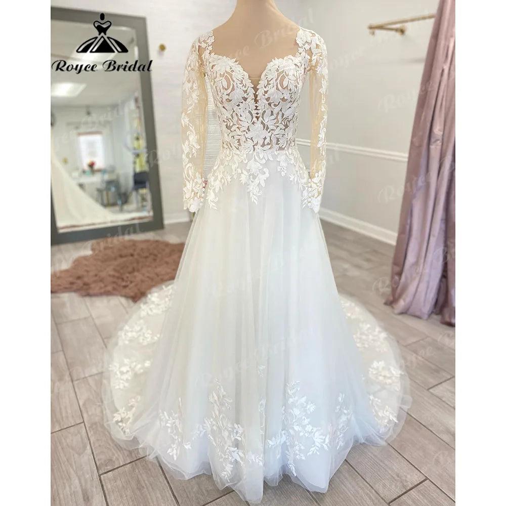 Vintage Boho Spitze Langarm Offenes Rücken Hochzeitskleid für Frauen 2024 Applikationen Hochzeitskleid mit V-Ausschnitt Brautkleid Maßanfertigung 